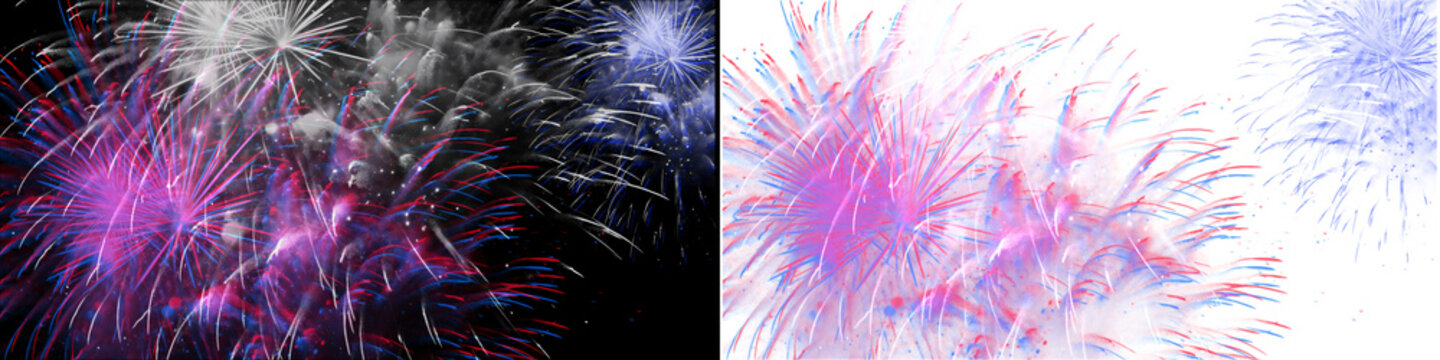 Colorful fireworks display red blue and white bursts sparkling in night sky celebration.