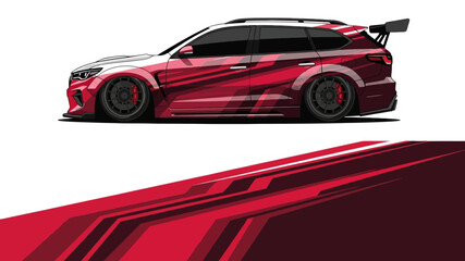 Obraz premium Sleek red sports car with bold racing graphics and aerodynamic design.