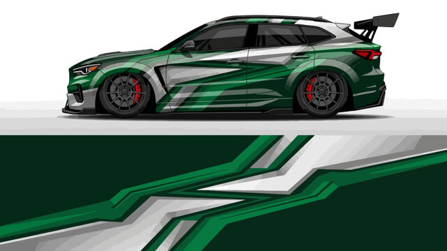 Green and black racing car with bold graphic stripes.