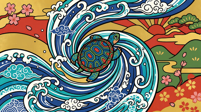 sea turtle swimming in a swirling ocean wave with traditional chinese art style