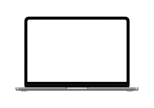 New silver ultrabook or laptop mockup template with no background and screen. Only frame on the png image. Front view. Opened lid