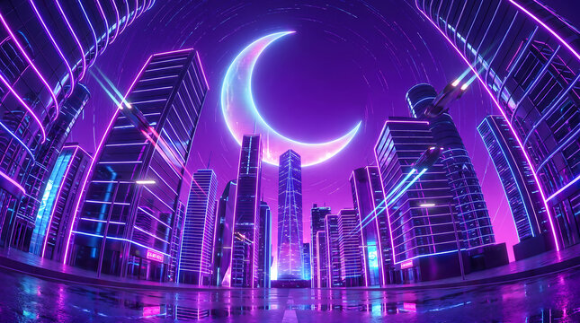 Cyberpunk style futuristic city night view with neon lights and a crescent moon