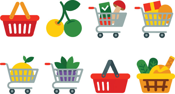 Various shopping baskets and carts filled with fruits and other groceries, a mix of red, yellow, and green.