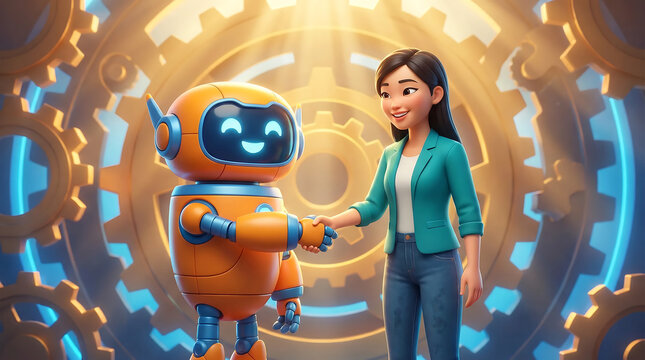 Robot shaking hands with a woman in a technology background illustration
