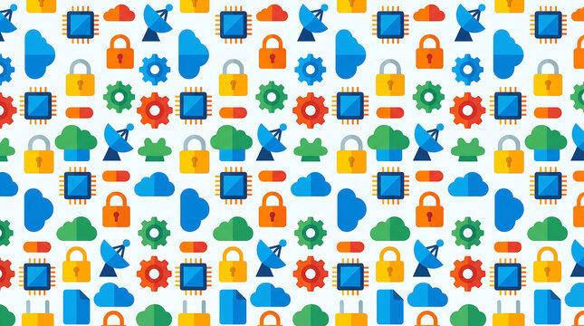 Seamless background of technology cybersecurity cloud data icons with chips and locks