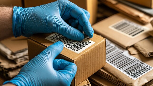 Hands in protective gloves securing a wireless RFID tag on an ecofriendly tote box amidst recycled cardboard and barcode labels captured with crisp lighting emphasizing green