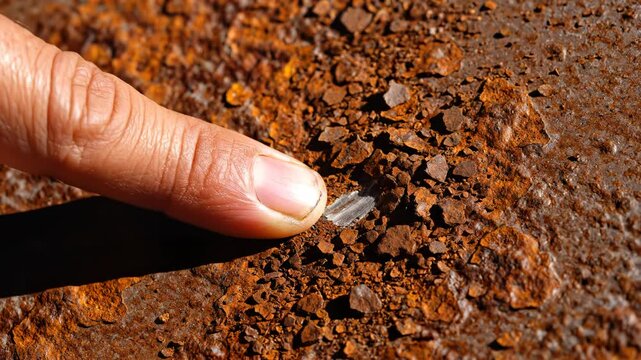 Finger touching rusted metal surface perfect for UI/UX elements and digital motion graphics