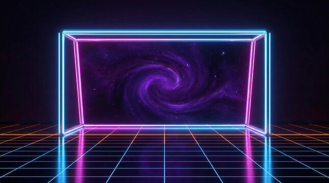 Purple spiral galaxy surrounded by glowing neon rectangular frame on grid floor