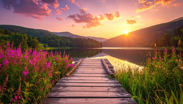 Romantische Landschaft bei Sonnenuntergang mit einem ruhigen See
