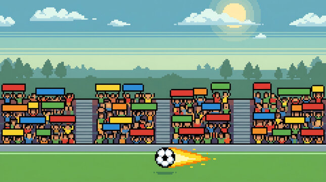 pixel art soccer match with spectators in stands and flying ball