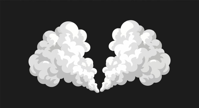 Two symmetrical white stylized smoke plumes or steam clouds rising against a solid black background in a flat vector illustration style for 2D animation or game asset design.