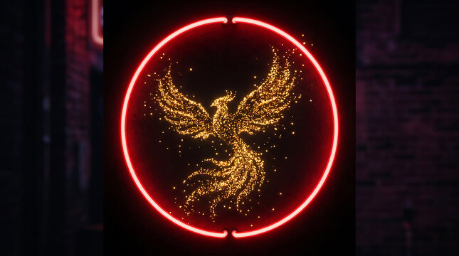 Golden phoenix particle effect inside a red neon light circle with artistic design