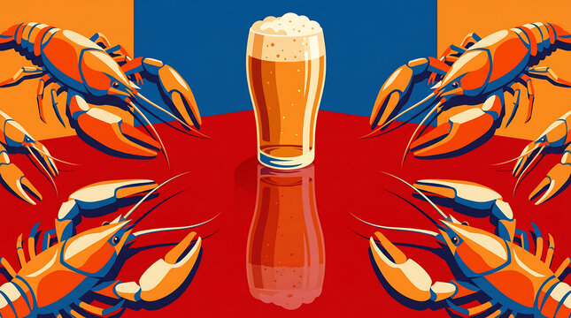 Illustration background featuring beer and crayfish surrounding a glass on red table