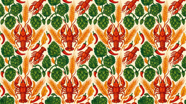 Seamless pattern with crayfish hops wheat ears and chili peppers for background design