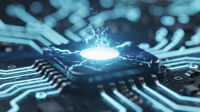 Closeup of a glowing microchip symbolizing digital transformation and future innovation