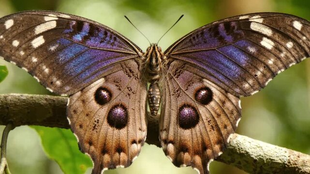 Beautiful Blue Butterfly with Eyespots on Wings Resting on Branch
