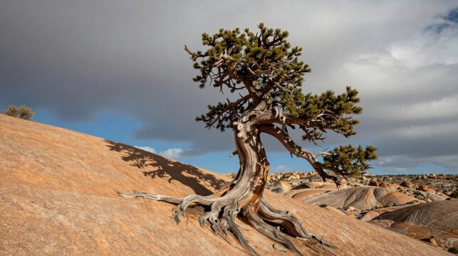 Gnarled ancient tree clings to sandstone slope under stormy sky.
