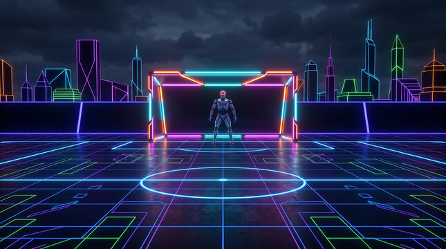 Futuristic robot warrior standing in a neon cyberpunk city with glowing lines and dark sky