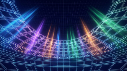 Fototapeta premium Colorful neon grid wireframe stage background with light beams and geometric structures