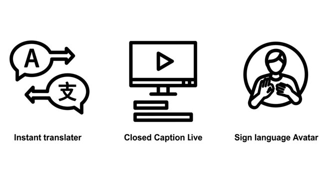 Set of communication icons including instant translator closed captioning and sign language avatar with communication translation subtitles accessibility technology interface dialogue language