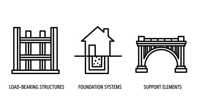 Structural engineering and architectural construction icons showing load bearing foundation and bridge with architecture construction engineering structure foundation building infrastructure