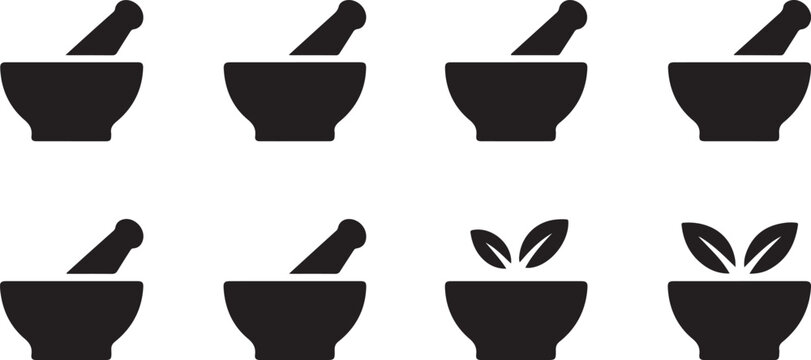Set of monochrome kitchen tool icons including bowls with pestles and leaf accents for apothecary and culinary purposes usage.
