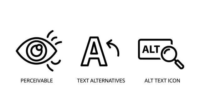 Web accessibility icon set representing perception text alternatives and alt text information with accessibility perception alternative technology interface magnifying information inclusive