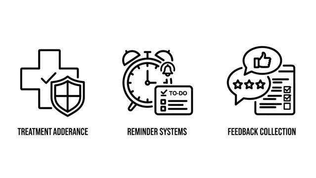 Medical treatment adherence reminder system and patient feedback collection vector icon set with treatment adherence medicine reminder feedback customer satisfaction hospital clinical