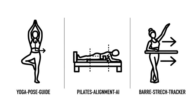 Yoga pose guide pilates alignment and barre stretch tracker exercise icon set with alignment exercise training wellness movement physical activity technique stretching flexibility lifestyle
