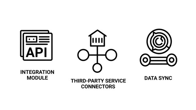Api integration and data synchronization business technology icons with integration software connector technology interface business development communication networking information transfer