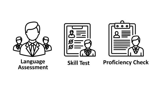 Professional assessment and skill proficiency check evaluation line icons with assessment proficiency evaluation resources personnel recruitment education training performance professional