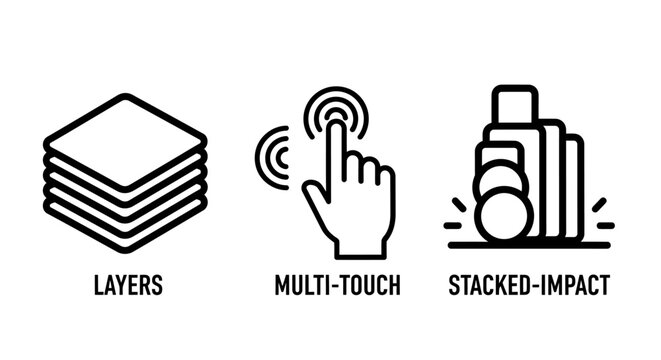 User interface layers multi-touch and stacked impact line icons with multitouch interface interaction software graphics development technology application structure experience navigation