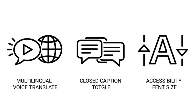 Digital accessibility and communication icon set with accessibility multilingual translation subtitles captioning interface usability communication language typography settings technology