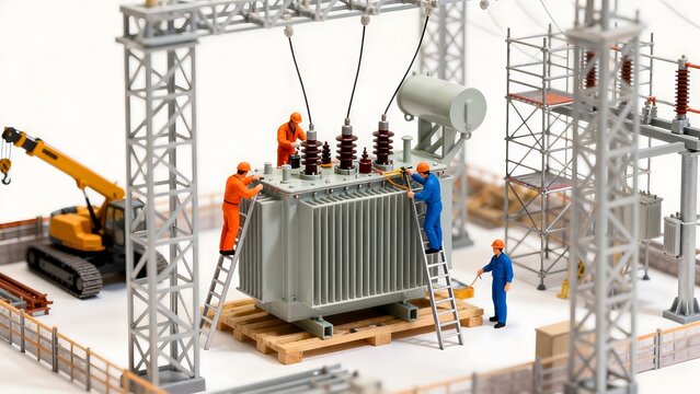 Miniature workers on industrial equipment