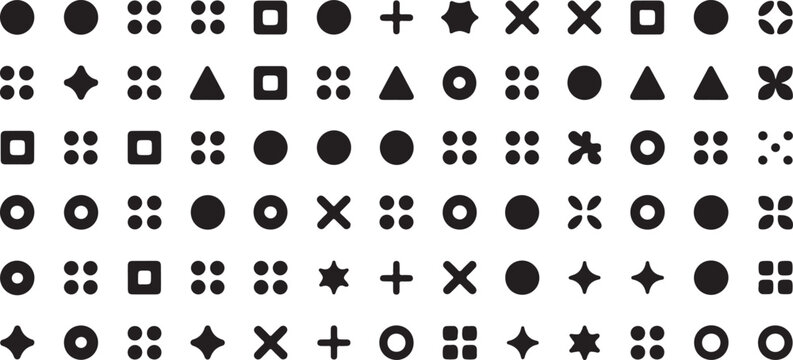 Minimalist geometric icons set featuring circles squares triangles and cross markers for digital user interface navigation buttons.