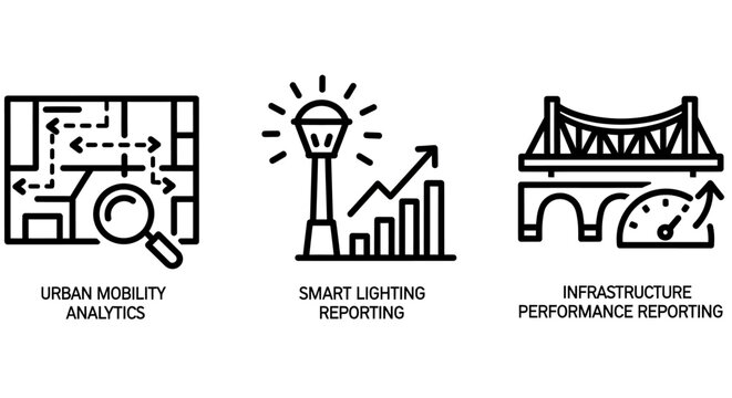 Urban infrastructure and smart city analytics icons with mobility analytics infrastructure lighting reporting performance planning development technology dashboard management monitoring