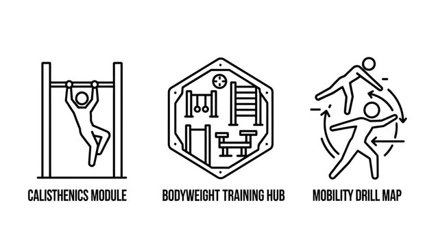 Fitness and calisthenics icon set depicting pull-ups gym hub mobility drills with calisthenics mobility exercise training activity bodyweight movement physical wellness lifestyle equipment