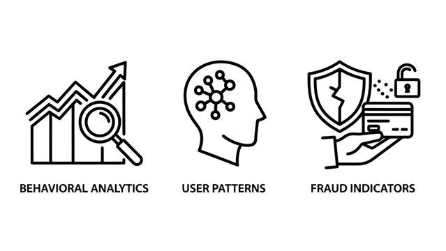 Set of three linear icons representing data analytics user behavior patterns fraud protection with analytics behavior security patterns business monitoring protection analysis technology