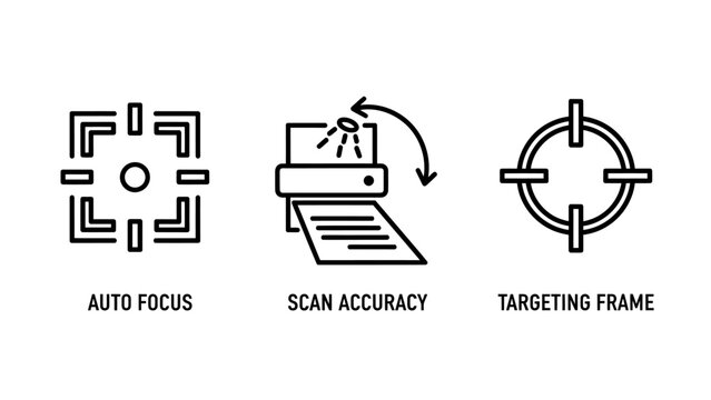 Camera focus and digital scanning precision icons with accuracy targeting precision photography detection technology alignment sharpness interface viewfinder instrument calibration