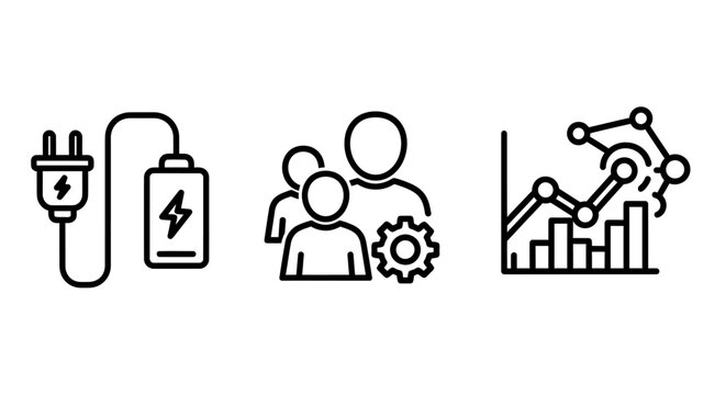 Energy charging plug user settings data growth trend linear icons with charging settings business technology electric management configuration development performance statistics analysis