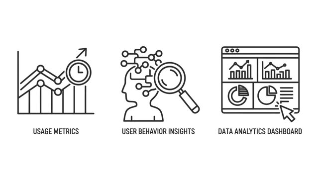 Data analytics dashboard icons featuring usage metrics user behavior insights and monitoring software analytics dashboard behavior insights monitoring research statistics tracking business