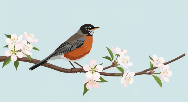Vector illustration of an American robin bird with a red-orange breast perched on a blooming branch with white cherry blossoms and green leaves over a solid light blue background.