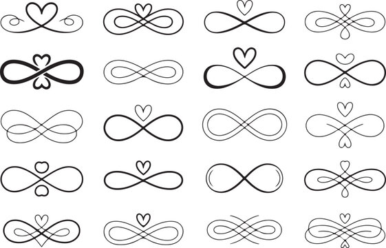 Infinity heart symbol set for romantic wedding stationary elements featuring curly loops and swirl ornamentation on transparent.