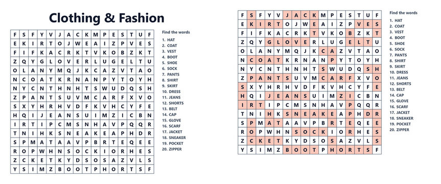 Word search puzzle sheet featuring clothing and fashion terms  