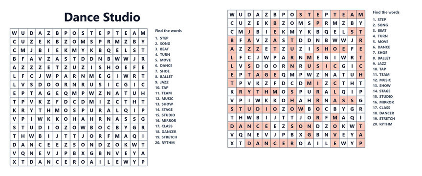 Dance studio word seek puzzle sheet with hidden words highlighted  