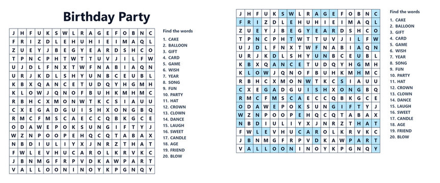 Word seek puzzle sheet with birthday party theme and words  