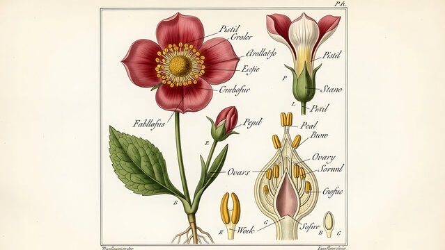 Detailed botanical of a flower anatomy parts labeled isolated on a transparent background, botanical labeled parts