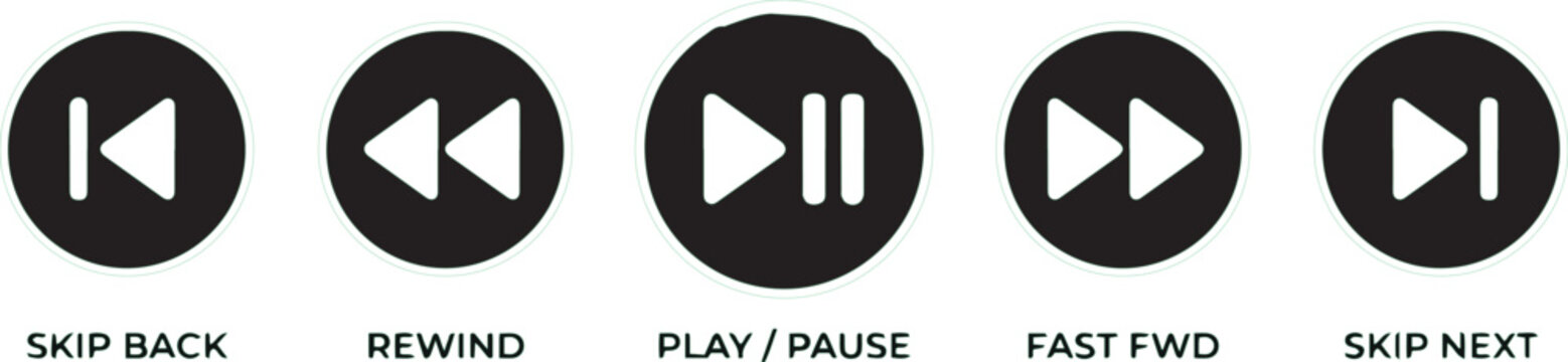 A set of five circular icons displays music playback controls including skip back, rewind, play/pause, fast forward, and skip next.