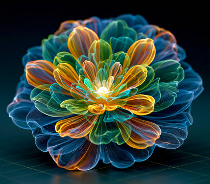 Abstract Floral Wonder: A vibrant, otherworldly flower rendered in a mesmerizing fractal pattern, its translucent petals in a spectrum of blues, greens, oranges, and yellows emanate a soft.