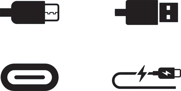 Various USB connector types, including USB-A, USB-C, and a charging cable with a lightning bolt icon, are presented in a clean layout.